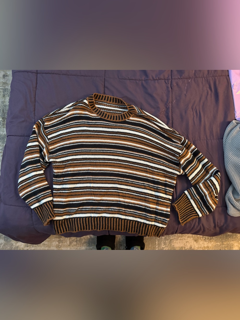 SHEIN Brown, Black & White Striped Crewneck Sweater